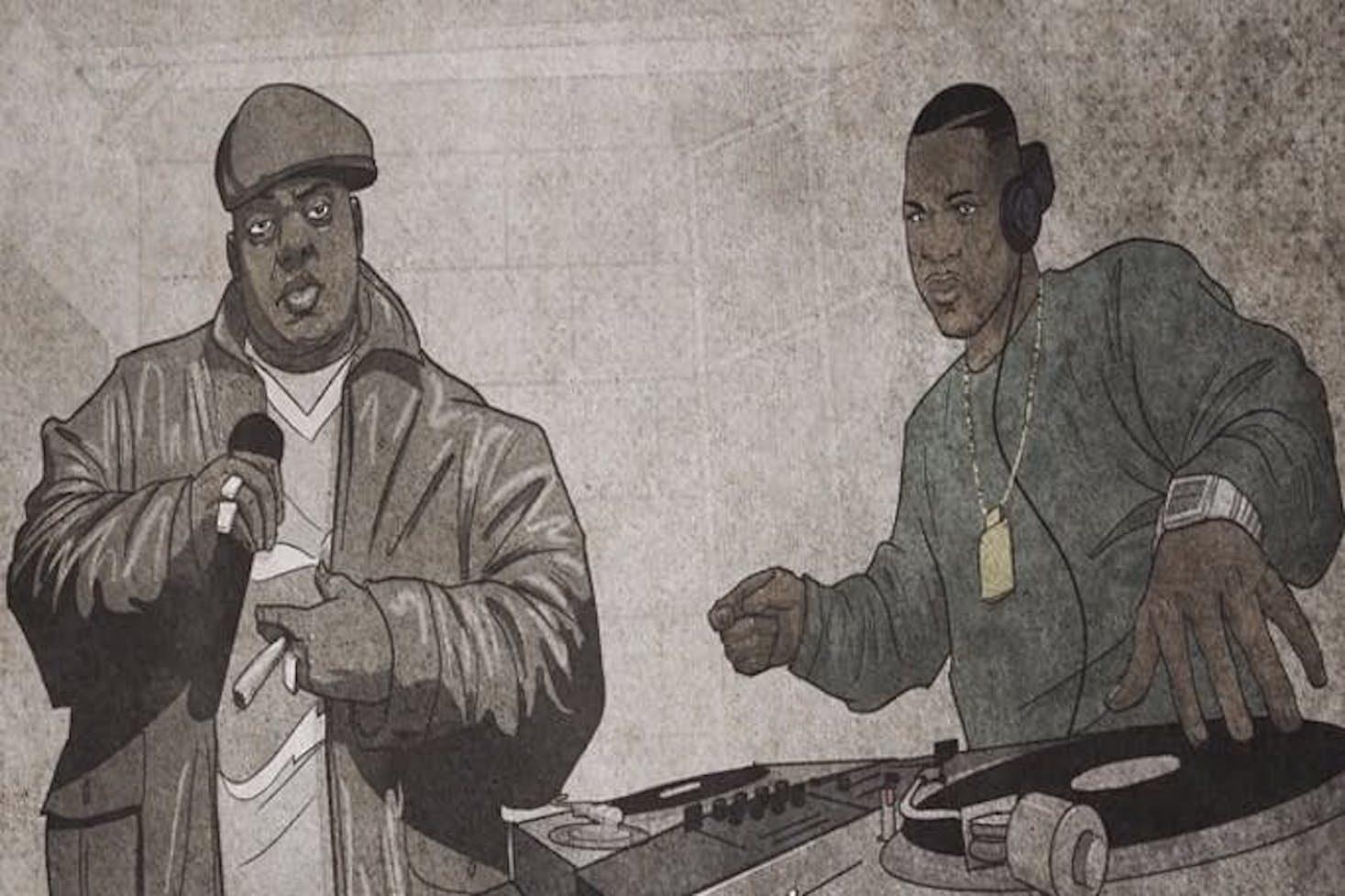 Piirustus The Notorious B.I.G.:istä ja hänen dj:stään.