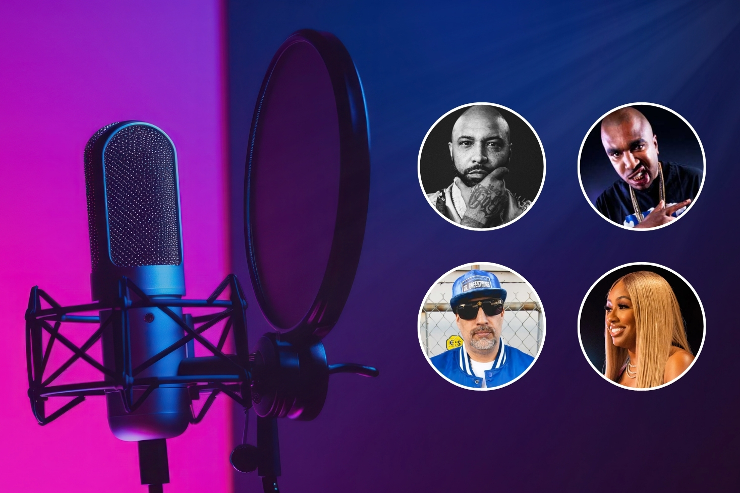 Mikrofoni ja kuvia räppäreistä. Räppäreiden podcastit – tässä suosituimmat ohjelmat!